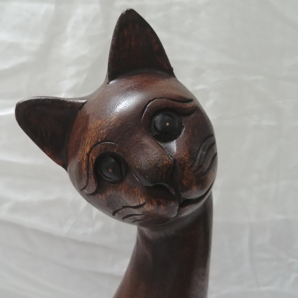 Gorgeous Tall Hand Carved Wood Kitty Cat Statue - Picture 2 of 8